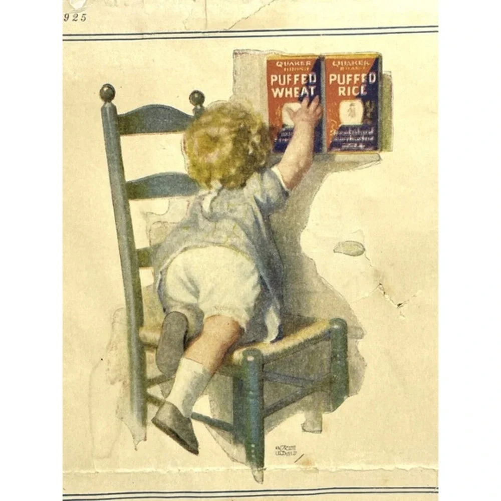 1925 Quaker Puffed Rice Cereal Print Ad Baby Climbing Chair Antique‎ Advertising